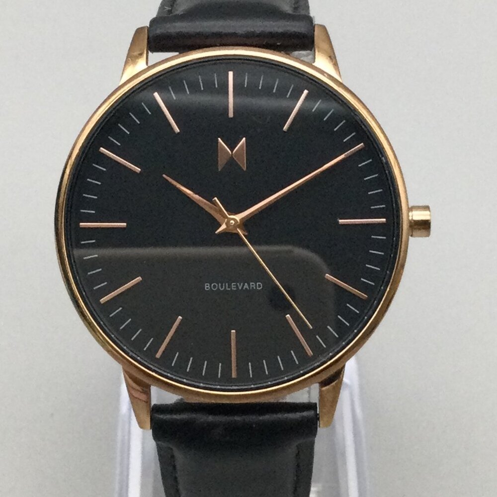 MVMT Boulevard Watch Women 38mm Rose Gold Tone Black Dial Leather Band